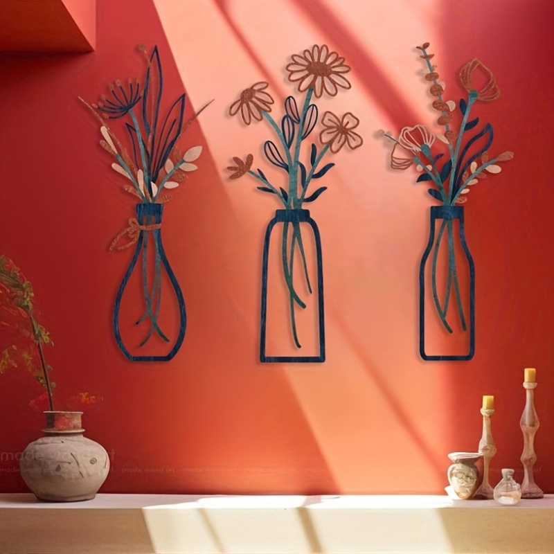 Home Decor Event - 3つの大きな花柄の壁掛け彫刻 - モダンなファームハウス装飾、エレガントな吊り下げ花瓶デザイン、素朴な屋内/屋外用メタルフラワー（青、オレンジ、茶色など） - 結婚式、自宅、オフィス、庭の装飾 -