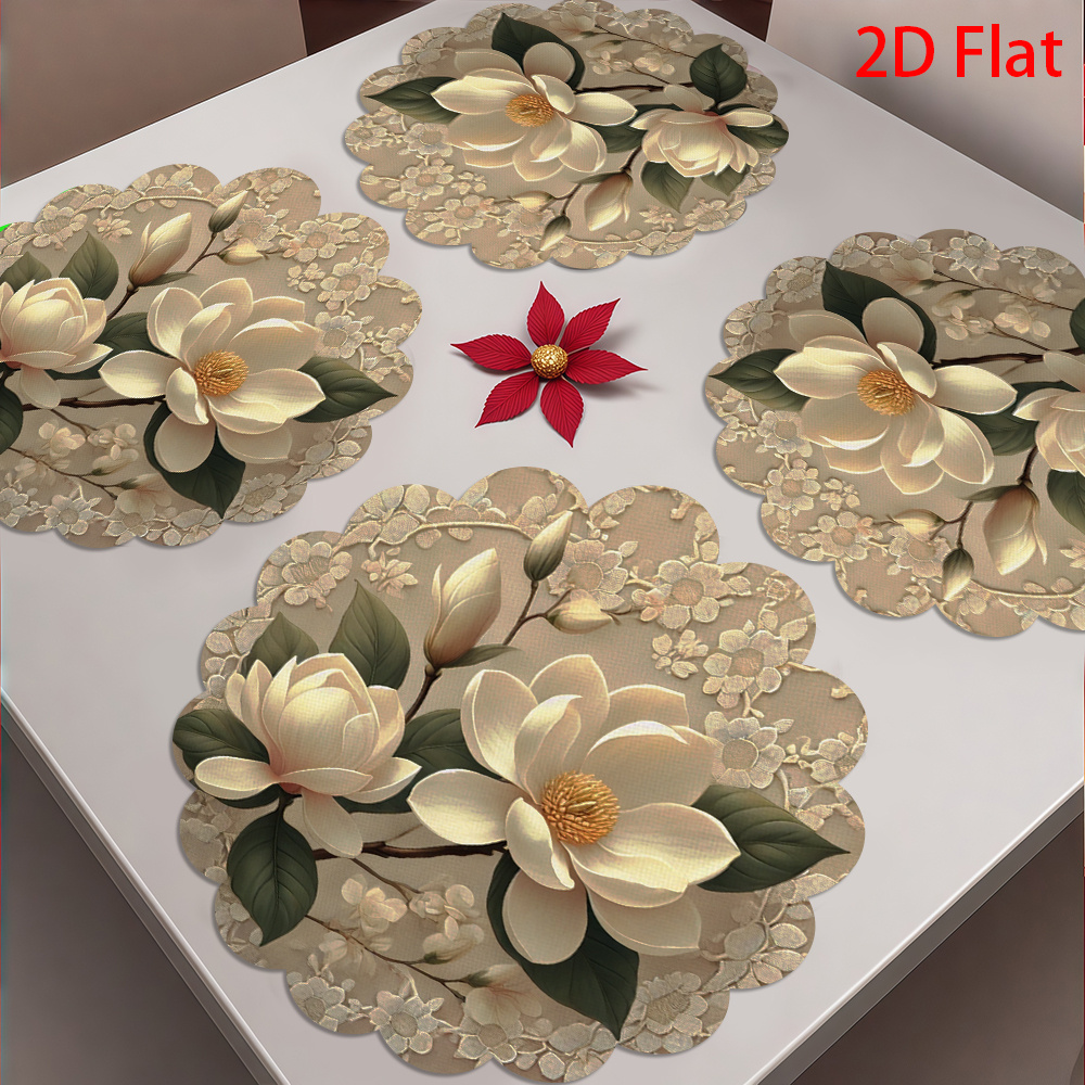 Home Decor Manufacturers - フラットホワイトの花柄レースプレースマット4枚、ポリエステル製、洗濯機で洗えます。レストラン、キッチン、ホテル、ダイニングエリア、家の装飾に最適です - サイズ15インチ。