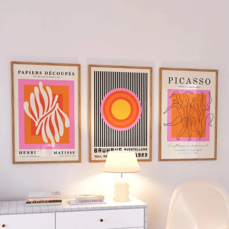 Home Decor On Wall - 3 個モダンオレンジバウハウスとピカソの壁アートプリントキャンバス絵画ポスター画像リビングルーム、寝室の家の装飾用
