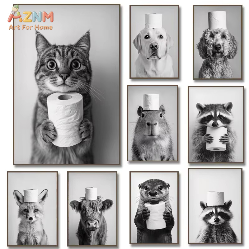 Home Decor Scrap - 1PC、ハイランドカウ、カワウソ、猫、アライグマ、トイレットペーパー付きポスタープリントキャンバス絵画、バスルームウォールアート、面白いユーモア、家の装飾