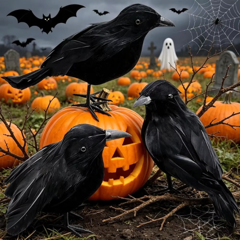 Home Decor Com - 1PC ブラッククロウ ハロウィンデコレーション リアルな植毛羽根付き動物小道具 家庭用 庭用