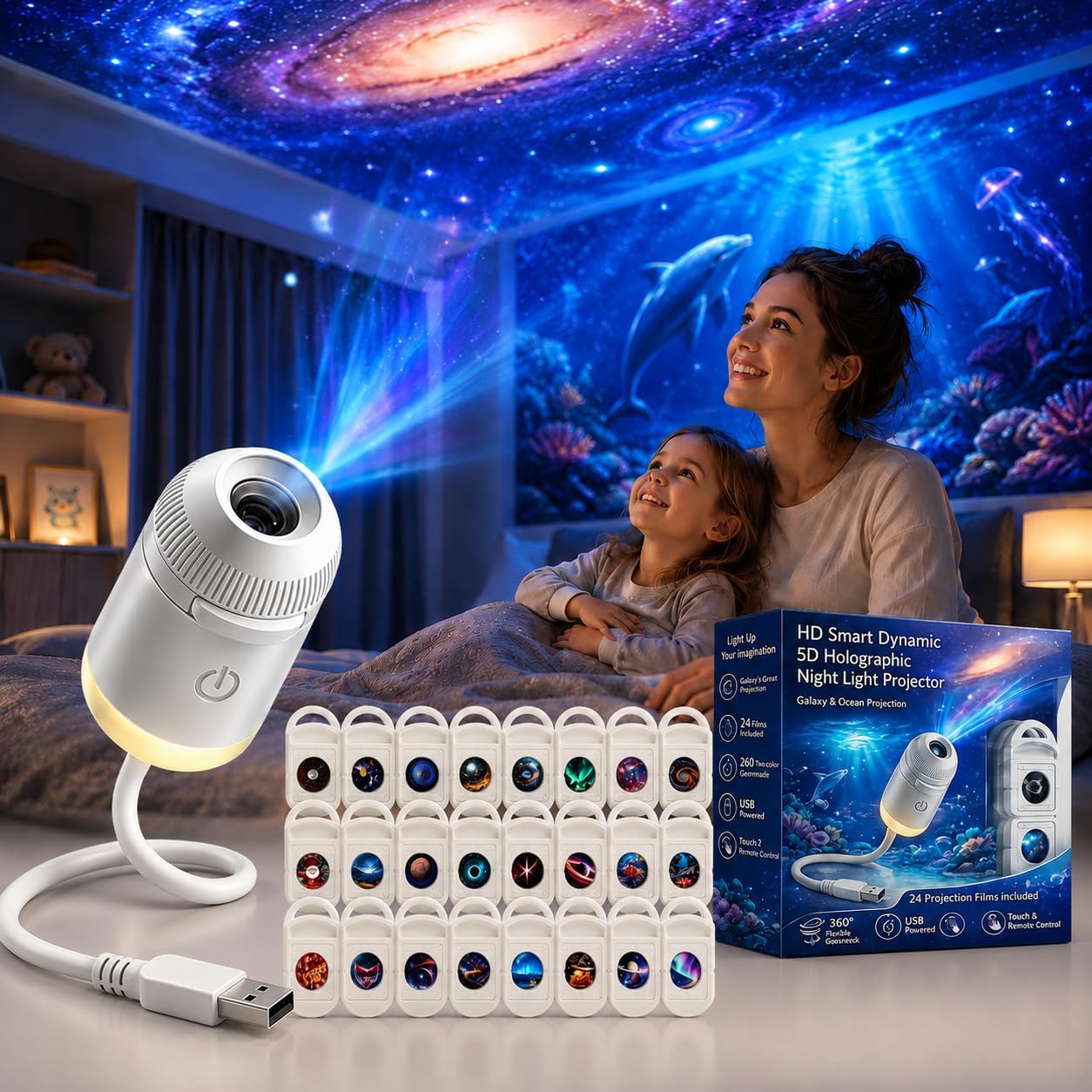 Home Decor Com - HDスマートダイナミック5Dホログラフィックナイトライトプロジェクター、2-in-1ギャラクシースターとオーシャンプロジェクター（3/6/12/24枚のフィルム付き）ホームデコレーション用