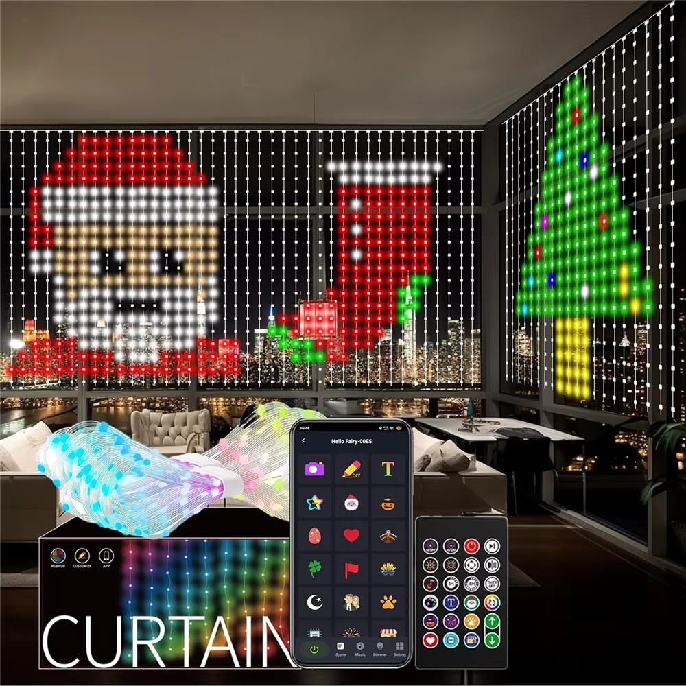 Home Decor App - スマートRGBピクセルカーテンライト Bluetoothアプリ制御 DIYテキストパターン プログラム可能なLEDカーテンストリングライト 音楽同期 リモコン付き