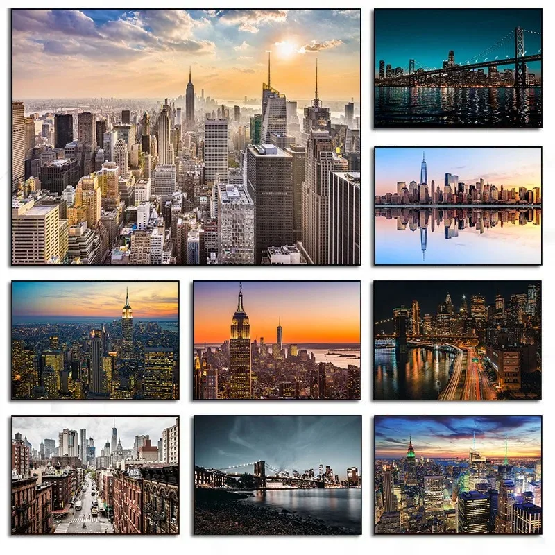 Home Decor New York - ニューヨーク市夜景ネオンビルディングポスターキャンバス絵画壁アート写真リビングルームの家の装飾用