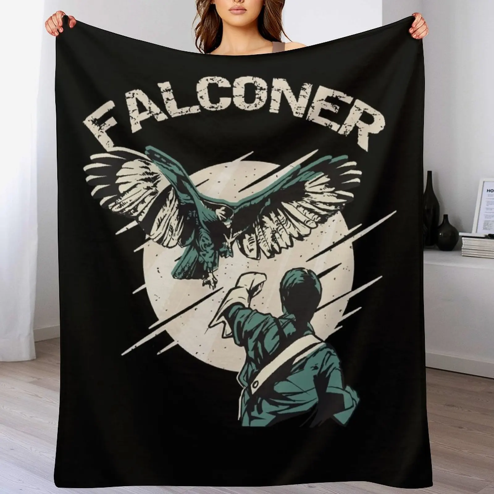 Home Decor Png - 鷹狩り師の腕に降り立つ鷹狩り鳥 クラシック T シャツ柄スローブランケット リビングルームの装飾用の暖かいアクセントブランケット