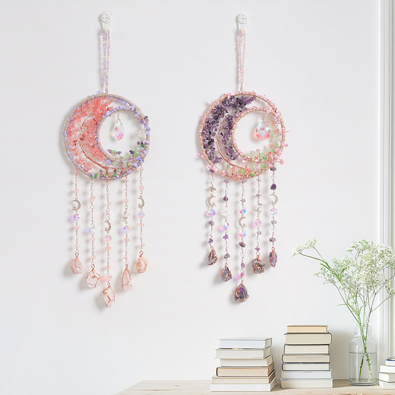 Boho Wind Chimes - クリスタルパープルアメジストクォーツ生命の木宝石ヒーリングルーム装飾ハートサンキャッチャー瑪瑙ペンダント自由奔放に生きる風鈴