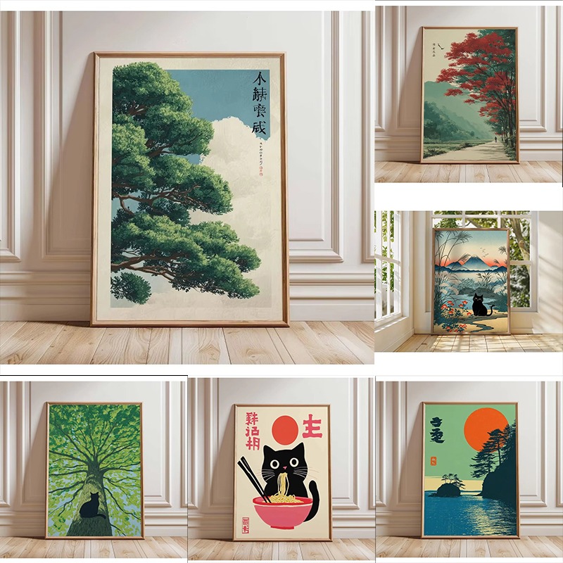 レトロな日本の森と鯉の禅水彩画キャンバスポスター抽象的な太陽 - Home Decor Vietnam のレビューと価格
