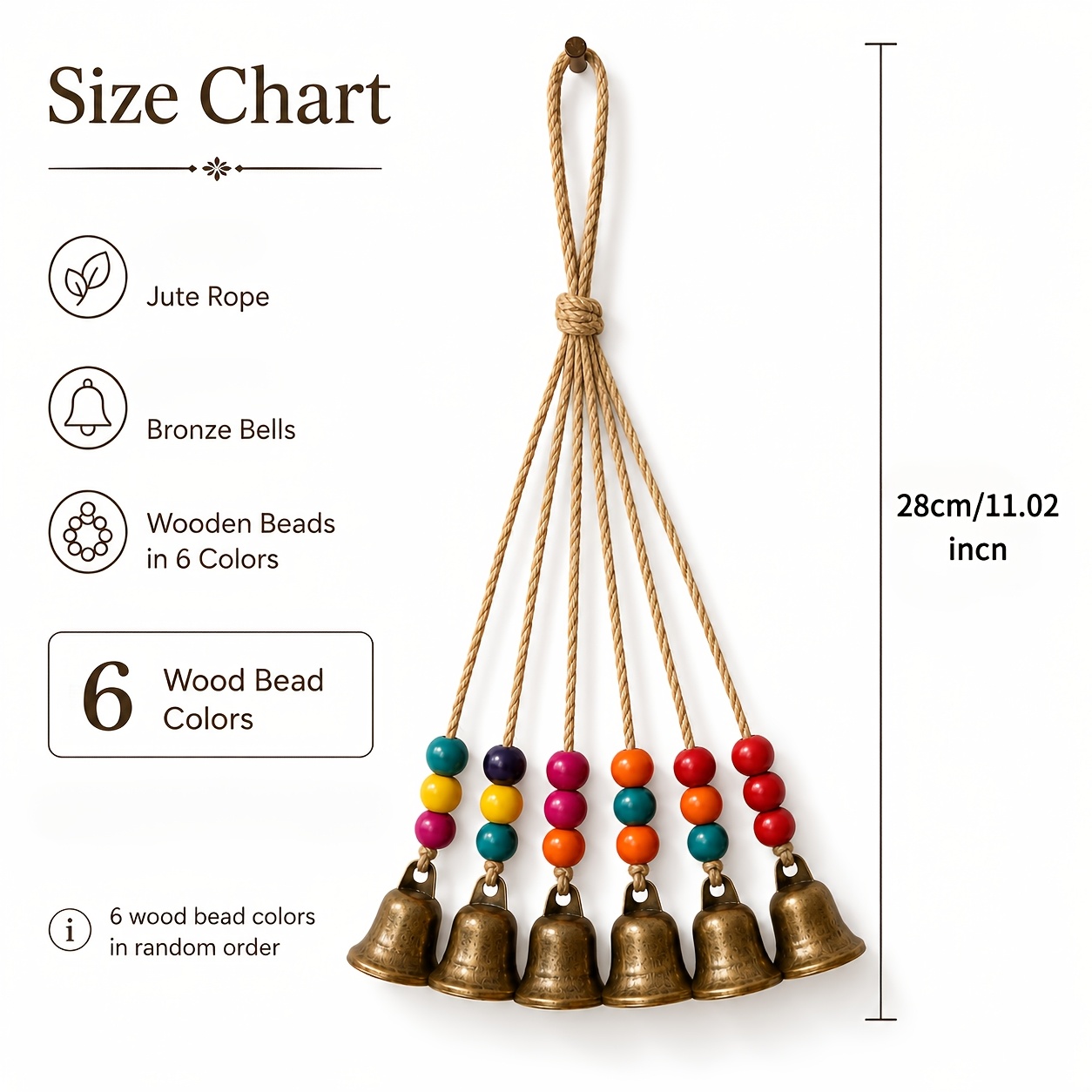 手作りのボヘミアン風風鈴装飾品、ブロンズの鐘とカラフルな木製 - Boho Wind Chimes のレビューと価格